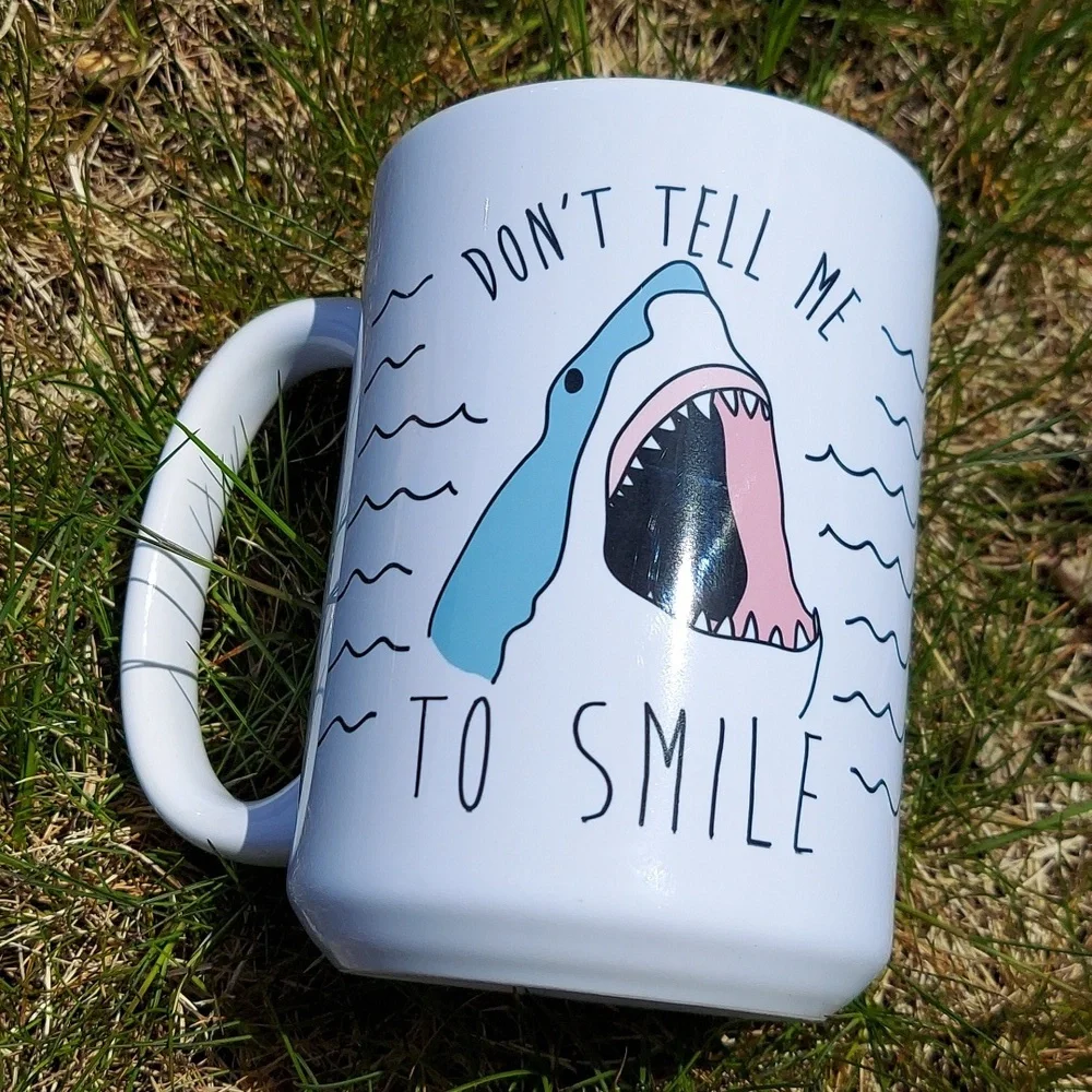 Shark Mug Don't Tell Me To Smile white gray pink coffee cup